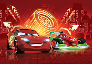 Lightning McQueen and Francesco Bernoulli in a Neon Red Racing Cityscape HD wallpaper