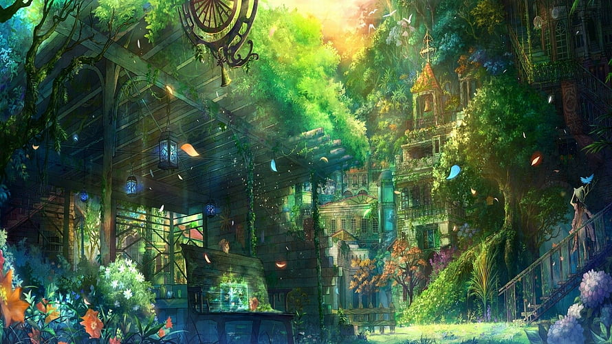Lush Overgrown Solarpunk Cityscape with Hanging Lanterns and Vibrant Greenery HD wallpaper