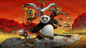 Kung Fu Panda Dreamworks Ensemble Action Scene with Po Tigress Monkey Mantis Viper and Crane HD wallpaper