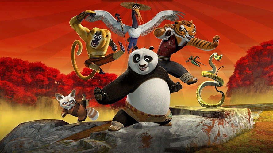Kung Fu Panda Dreamworks Ensemble Action Scene with Po Tigress Monkey Mantis Viper and Crane HD wallpaper
