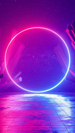 Neon Ring Portal Over Retro Grid Floor in Purple Starry Sky HD phone wallpaper