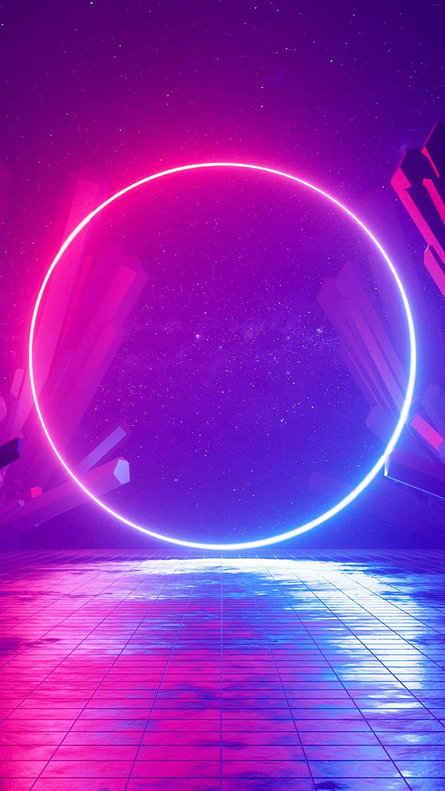 Neon Ring Portal Over Retro Grid Floor in Purple Starry Sky HD phone wallpaper