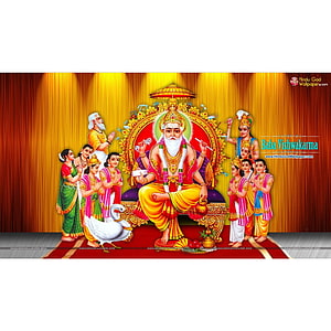 Baba Vishwakarma Seated on Ornate Throne Surrounded by Devotees and a White Swan HD phone wallpaper