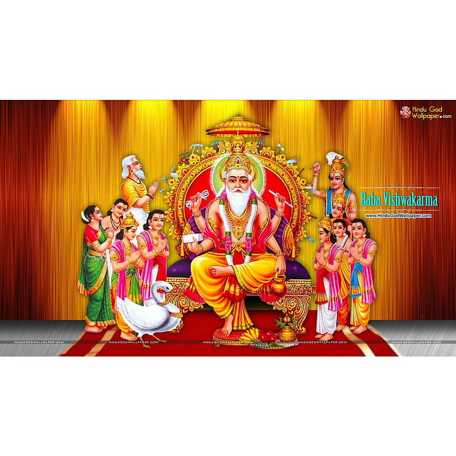 Baba Vishwakarma Seated on Ornate Throne Surrounded by Devotees and a White Swan HD phone wallpaper