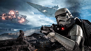 Star Wars Battlefront 2 Stormtrooper Aiming Blaster Amidst Imperial Star Destroyer Battle HD wallpaper