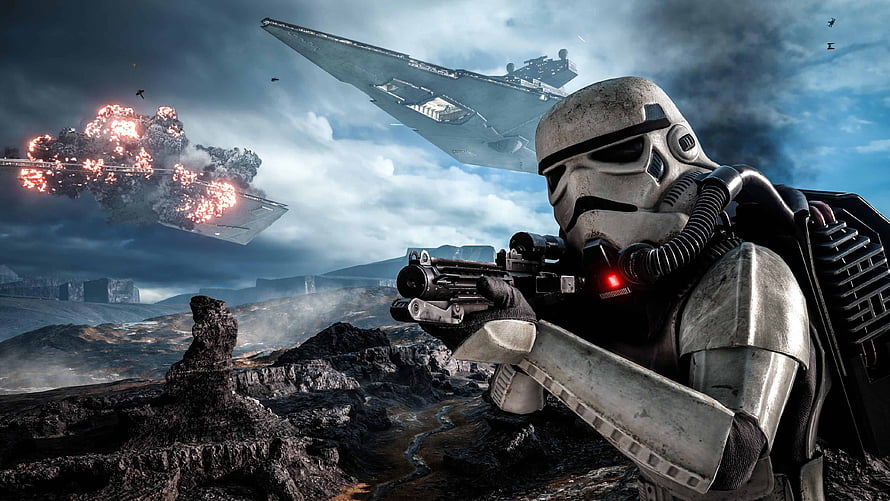 Star Wars Battlefront 2 Stormtrooper Aiming Blaster Amidst Imperial Star Destroyer Battle HD wallpaper