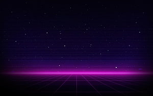 Retro Synthwave Horizon with Glowing Purple Grid and Starry Night Sky HD wallpaper