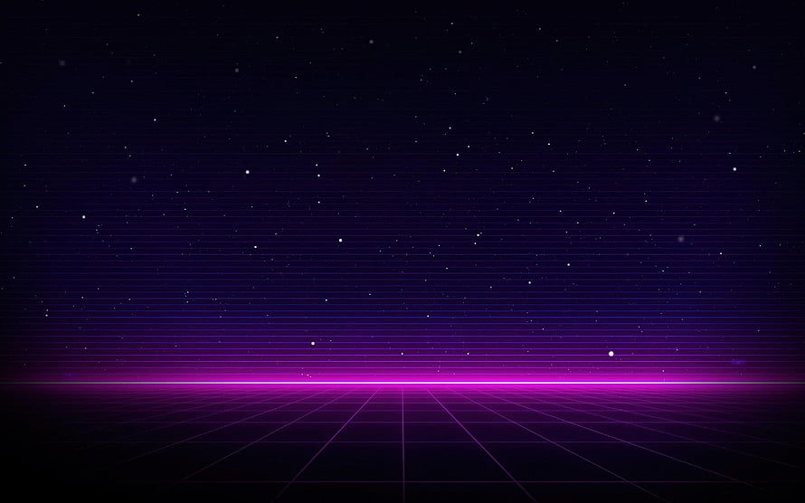 Retro Synthwave Horizon with Glowing Purple Grid and Starry Night Sky HD wallpaper