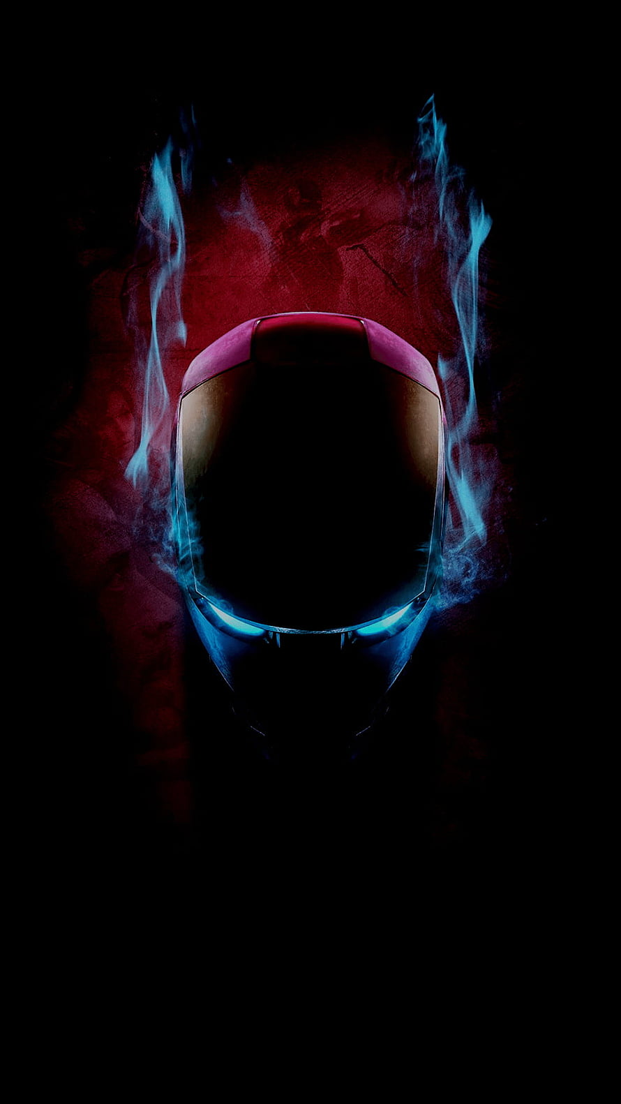 Iron Man Helmet Silhouette with Glowing Blue Eyes and Blue Smoke Against Dark Red Background, Iron Man OLED, iron man amoled HD phone wallpaper