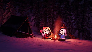 Gawr Gura and Amelia Watson Chibi Characters Singing by a Campfire in a Snowy Forest HD wallpaper