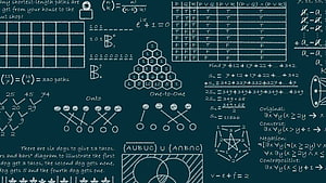 Handwritten Discrete Mathematics Formulas and Logic Diagrams on a Dark Chalkboard HD wallpaper