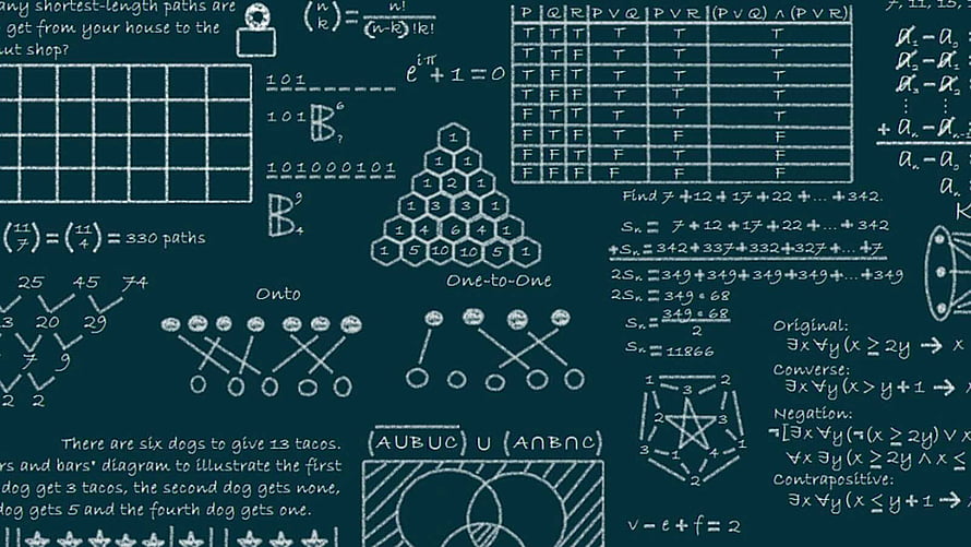 Handwritten Discrete Mathematics Formulas and Logic Diagrams on a Dark Chalkboard HD wallpaper
