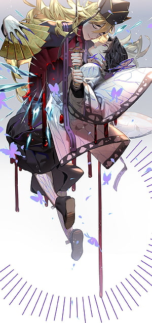 Demon Slayer Douma and Shinobu Anime Illustration with Katana and Butterflies HD phone wallpaper
