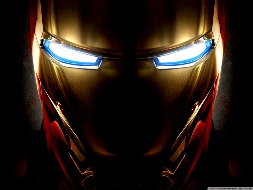 Iron Man Close-Up Portrait with Glowing Blue Eyes and Golden Armor HD wallpaper