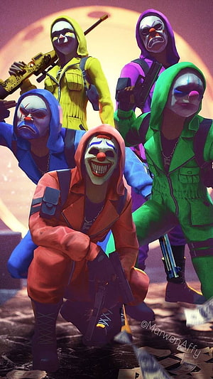 Five armed characters in colorful hooded jumpsuits and clown masks in a stylized video game scene HD phone wallpaper