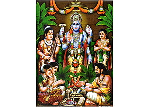 Satyanarayana Swami Traditional Indian Deity Painting with Devotees and Offerings HD wallpaper