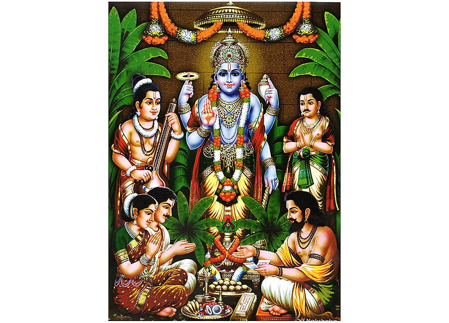 Satyanarayana Swami Traditional Indian Deity Painting with Devotees and Offerings HD wallpaper