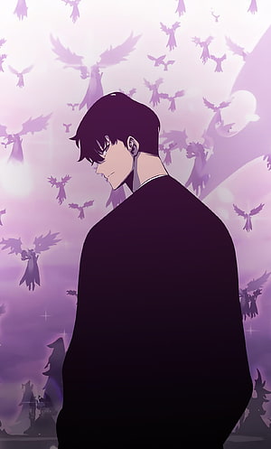 Sung Jin Woo from Solo Leveling in a moody purple scene with winged silhouettes HD phone wallpaper