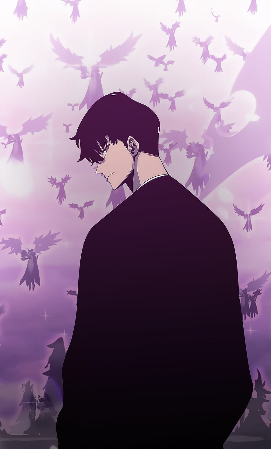 Sung Jin Woo from Solo Leveling in a moody purple scene with winged silhouettes HD phone wallpaper