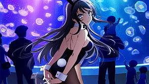 Bunny Girl Senpai in Aquarium with Glowing Jellyfish HD wallpaper