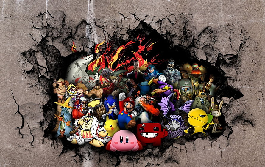 Video Game Heroes Bursting Through Cracked Concrete Wall HD wallpaper
