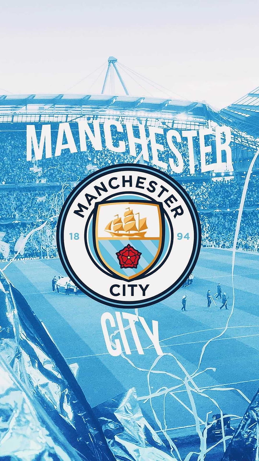 Manchester City FC Crest Over Etihad Stadium Pitch With Confetti And Crowd HD phone wallpaper