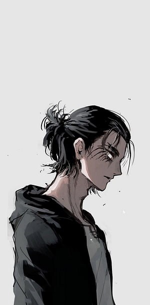 Eren Yeager anime character profile with long hair in a black hoodie HD phone wallpaper