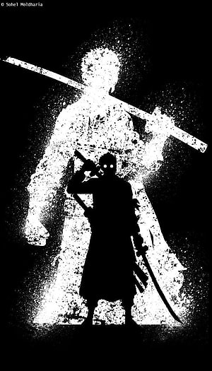 Roronoa Zoro Silhouette with Glowing Eyes and Swords in High Contrast Black and White HD phone wallpaper