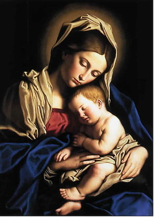 Mother Mary and Sleeping Infant Jesus in Classical Religious Painting HD phone wallpaper