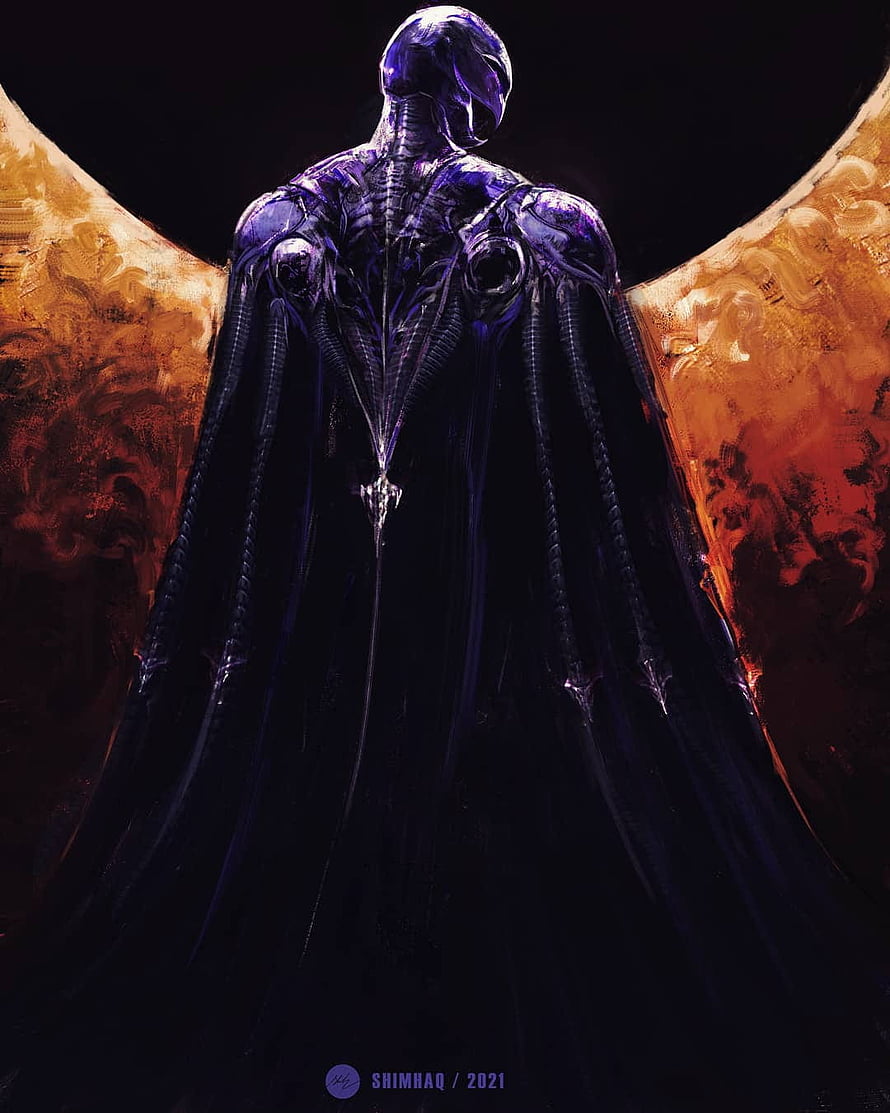 Femto Concept Art: Dark Armored Figure with Golden Wings HD phone wallpaper