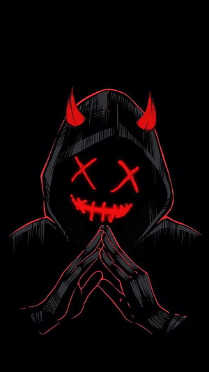 Glowing Red Demon Hooded Figure with Praying Hands and X Eyes on Black Background HD phone wallpaper