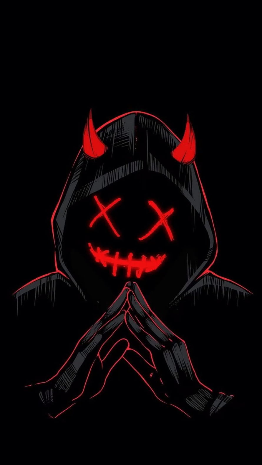 Glowing Red Demon Hooded Figure with Praying Hands and X Eyes on Black Background HD phone wallpaper
