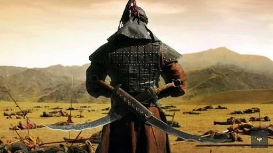 Genghis Khan warrior in armor holding crossed swords on a battlefield HD wallpaper
