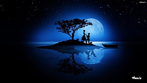 Romantic Couple Silhouette on Island Under Full Moon and Starry Night Sky HD wallpaper