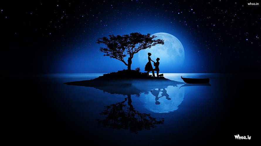 Romantic Couple Silhouette on Island Under Full Moon and Starry Night Sky HD wallpaper
