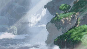Made in Abyss Waterfall Scene with Sunbeams and Lush Cliffs HD wallpaper