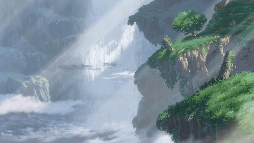 Made in Abyss Waterfall Scene with Sunbeams and Lush Cliffs HD wallpaper