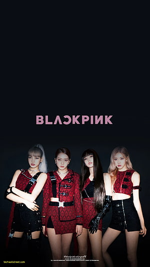 Blackpink Members in Red and Black Stage Outfits Against Dark Background HD phone wallpaper