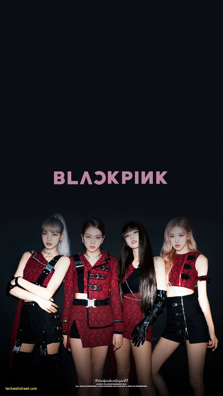 Blackpink Members in Red and Black Stage Outfits Against Dark Background HD phone wallpaper