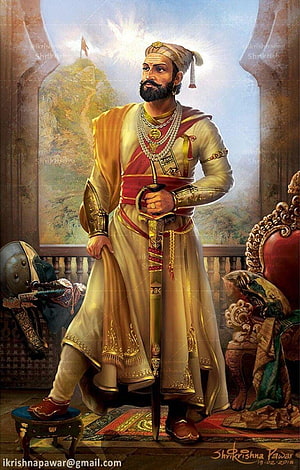 Chhatrapati Shivaji Maharaj in Royal Attire Holding Sword in Palace Setting HD phone wallpaper