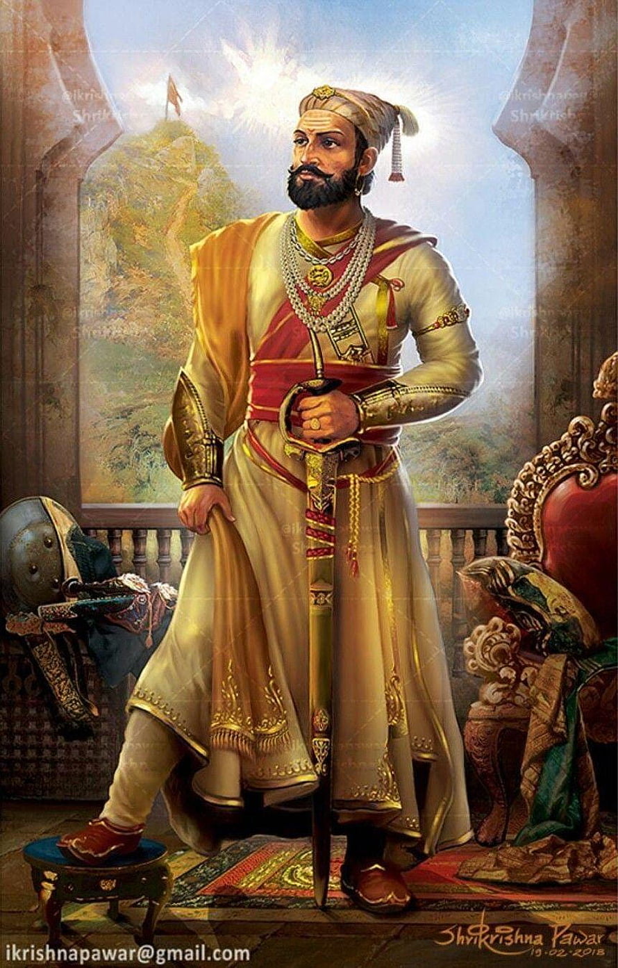 Chhatrapati Shivaji Maharaj in Royal Attire Holding Sword in Palace Setting HD phone wallpaper