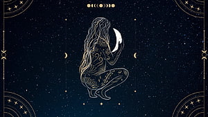 Celestial Moon Goddess Line Art with Gold Botanical Patterns on Starry Night Sky HD wallpaper