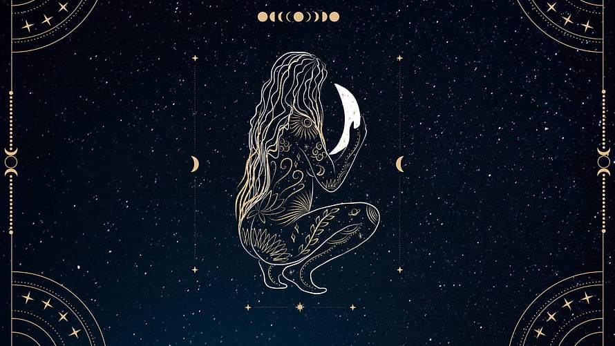 Celestial Moon Goddess Line Art with Gold Botanical Patterns on Starry Night Sky HD wallpaper