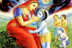 Yashoda and Baby Krishna in a Pastoral Setting with Gopas HD wallpaper