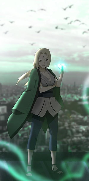 Tsunade Senju Anime Character Holding Glowing Chakra Orb in Green Robe HD phone wallpaper
