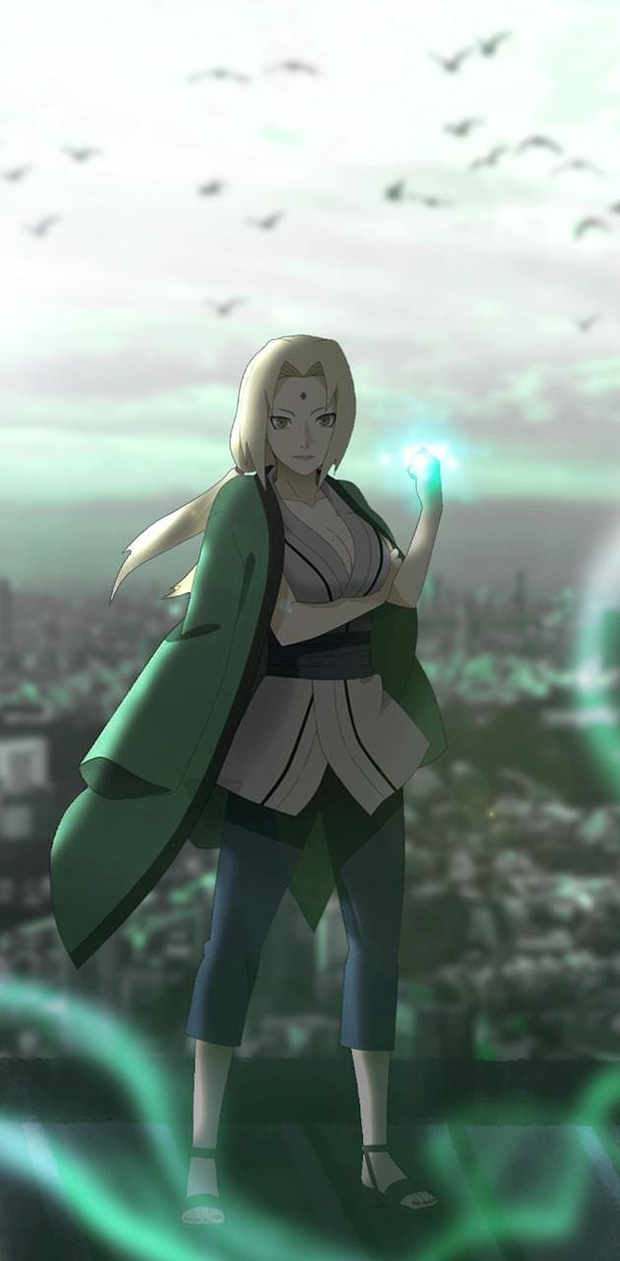 Tsunade Senju Anime Character Holding Glowing Chakra Orb in Green Robe HD phone wallpaper