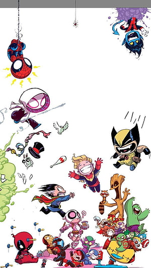 Chibi Marvel Superheroes Cartoon Illustration with Spider-Man, Wolverine, and Deadpool HD phone wallpaper