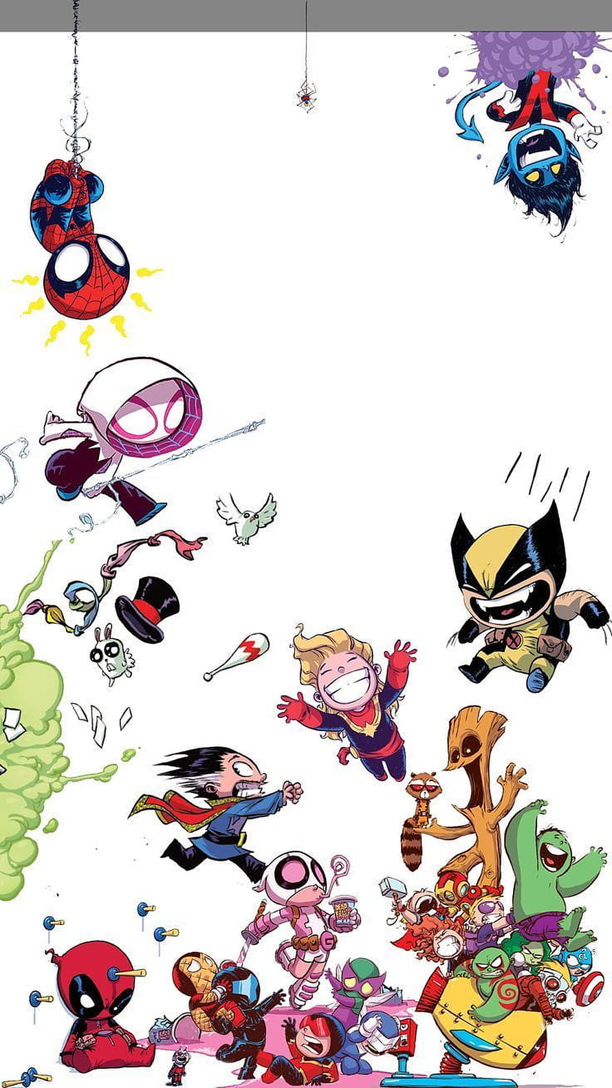 Chibi Marvel Superheroes Cartoon Illustration with Spider-Man, Wolverine, and Deadpool HD phone wallpaper