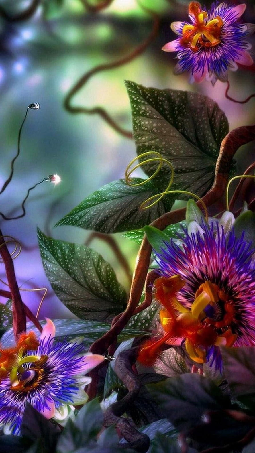 Vibrant Passion Flower Blooms with Intricate Tendrils and Dewy Leaves HD phone wallpaper
