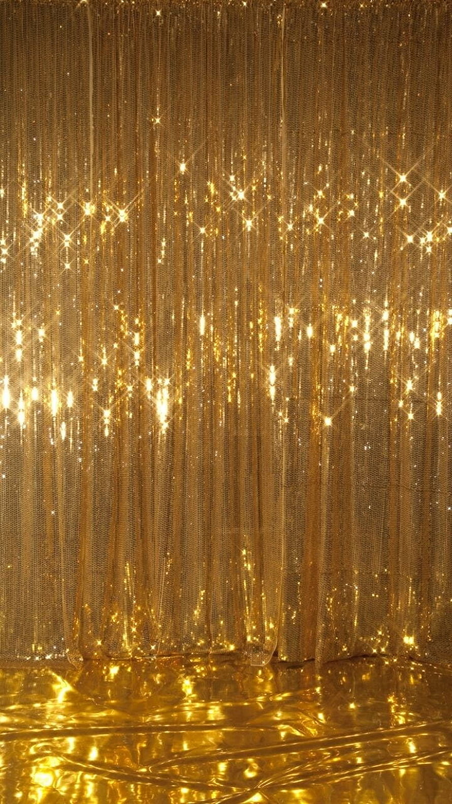 Golden Tinsel Curtain with Sparkling Lights and Reflective Floor HD phone wallpaper